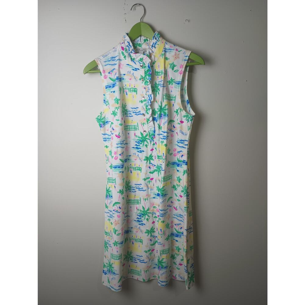 Aryeh Sleeveless Midi Dress in White with Green, Blue & Pink Tropical Print